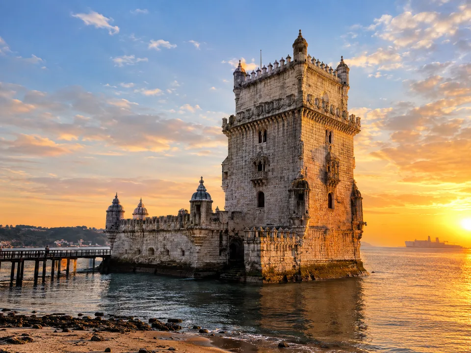 A white stone fortress tower on the river at sunset