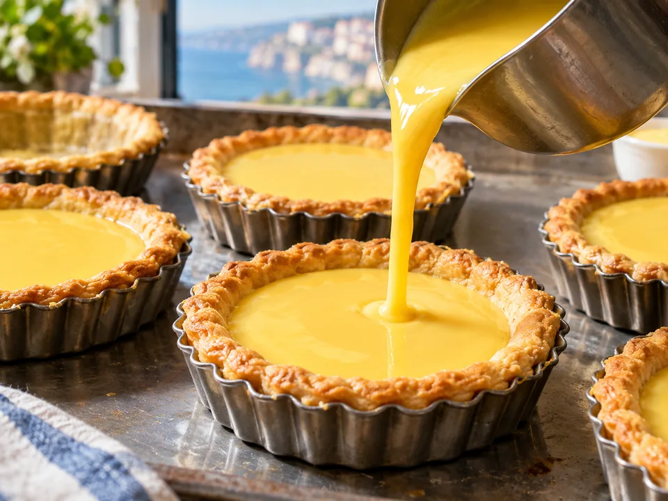 Yellow egg custard poured from a jug into pastry-lined tins