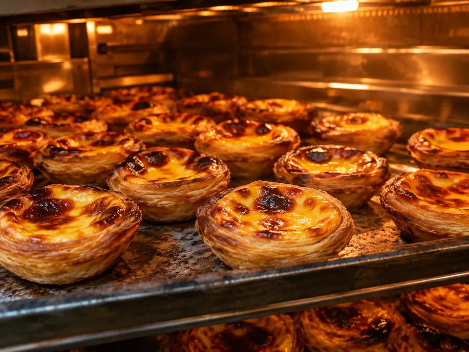 Custard tarts baking in a very hot oven, the tops darkening